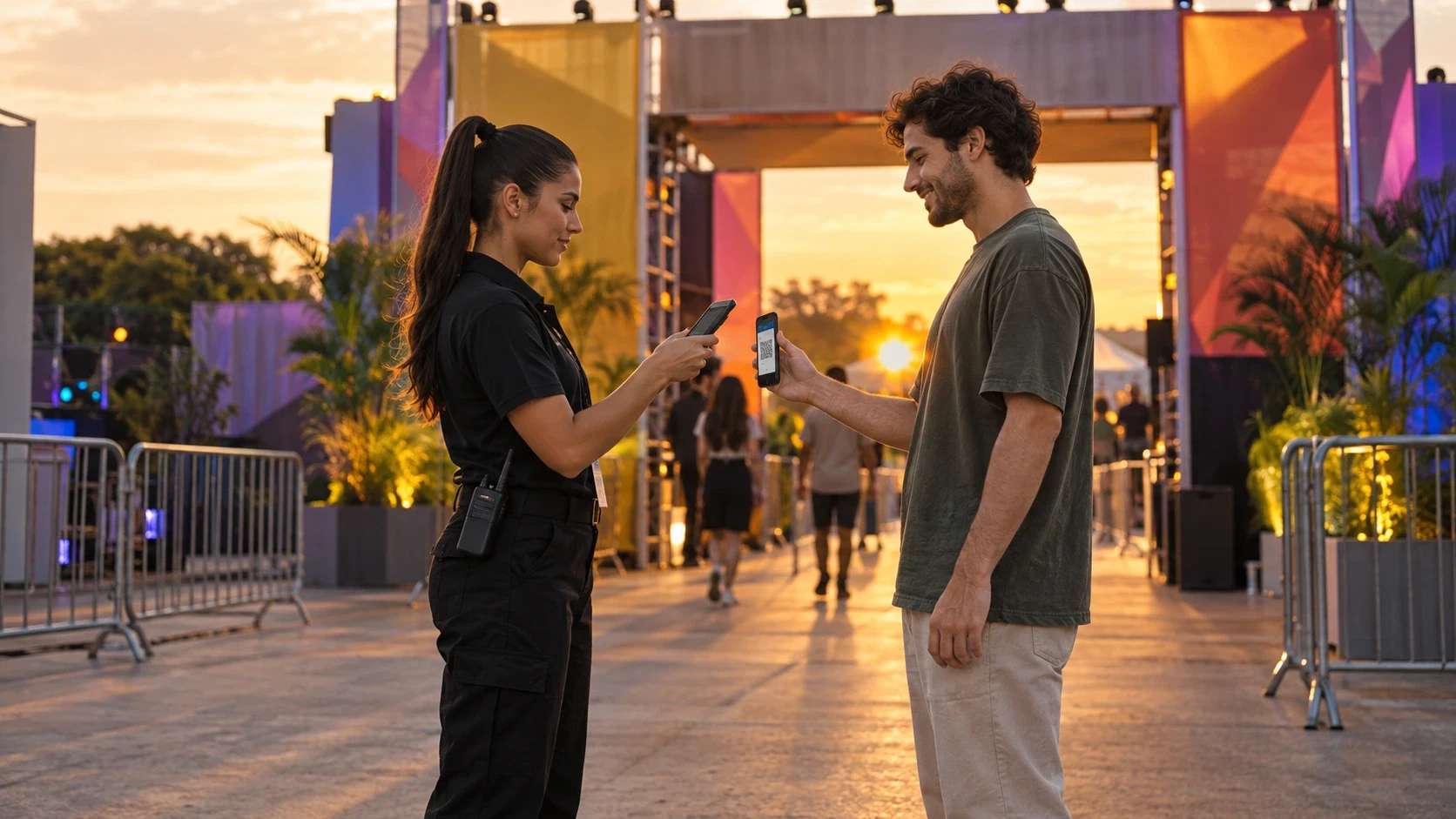 Fiscal validando pelo celular o ingresso de um participante na entrada de um festival