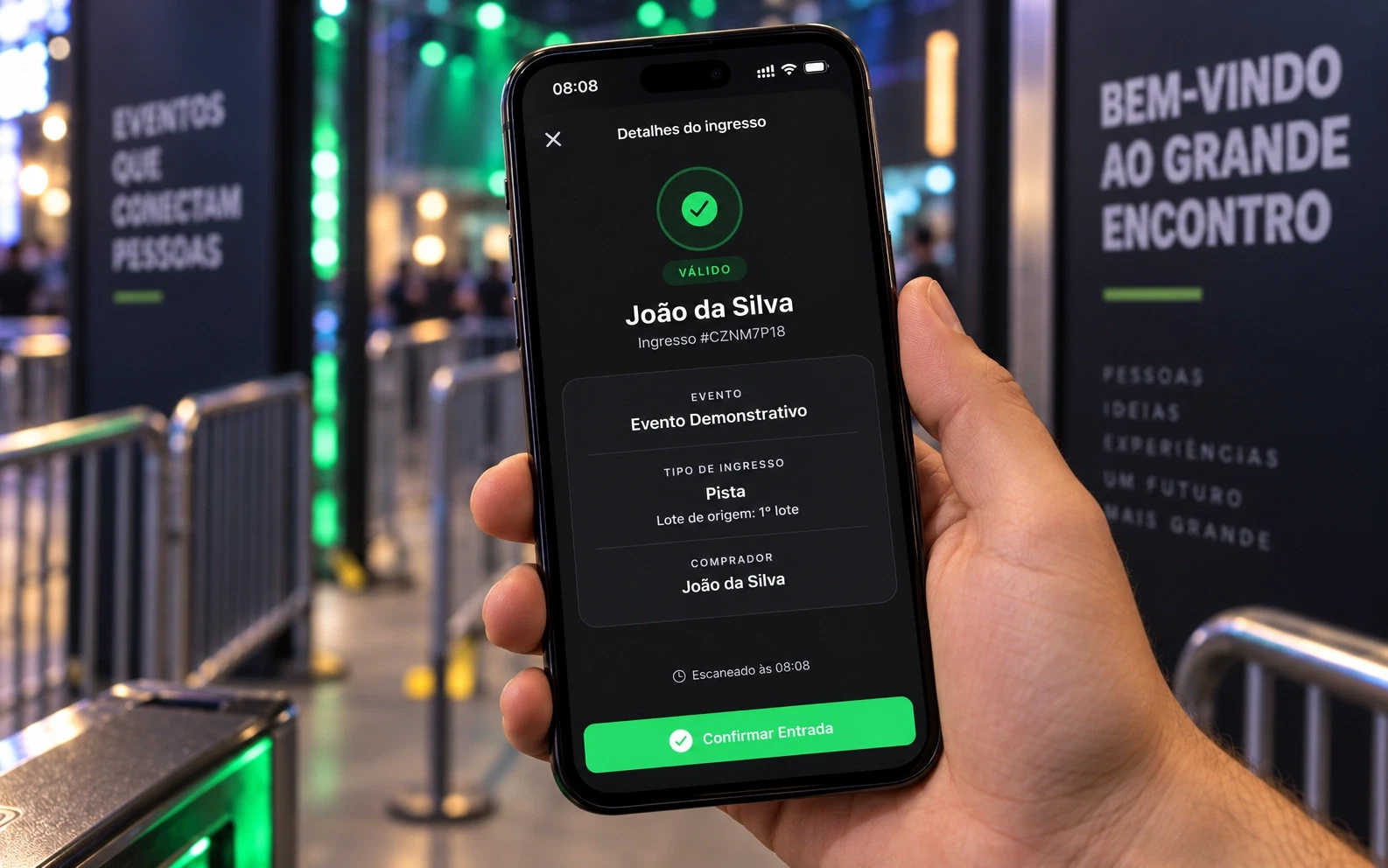 App do fiscal mostrando um ingresso válido na entrada do evento